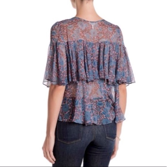 Rebecca Taylor Silk Floral Shibori Sheer Flutter Sleeves Top - Picture 2 of 9